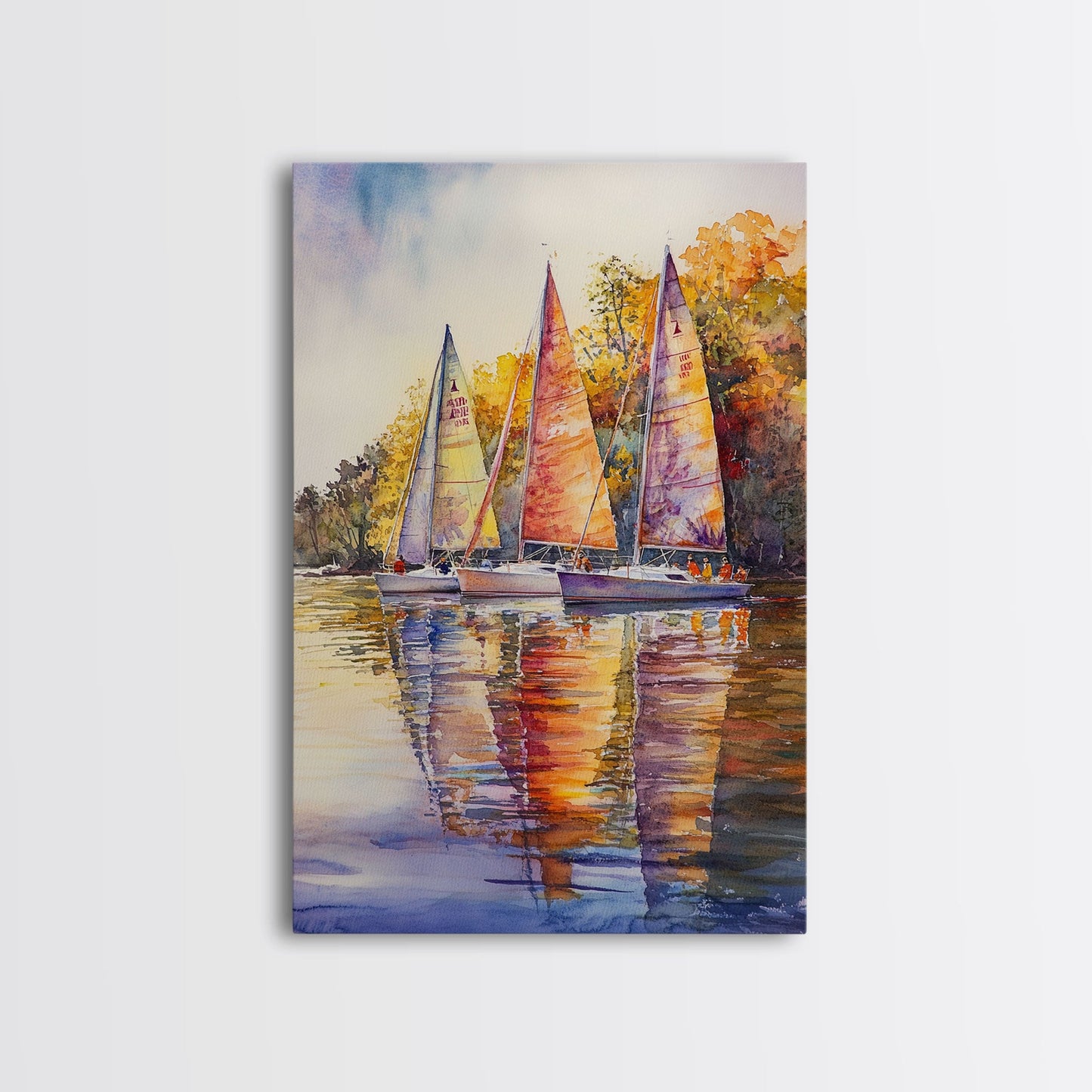 Colorful Sailboats Reflected On Water Framed Canvas Print Fall Nautical Wall Art Coastal Decor Best Gift Idea Holiday Wall Art