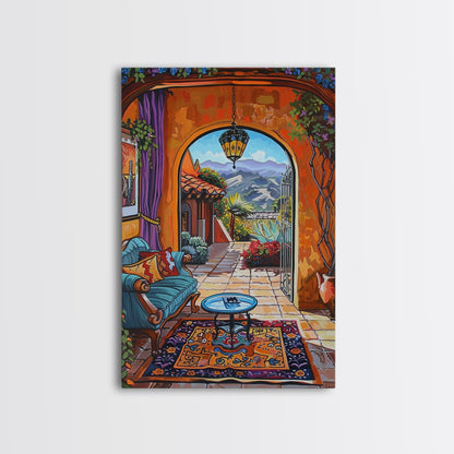 Cozy Southwestern Patio Framed Canvas Print Colorful Courtyard Best Gift Idea Home Decor Bright Seasonal Art Above Sofa Wall Art