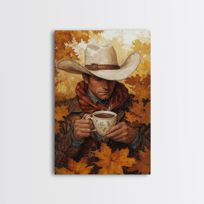 Cowboy Holding Hot Drink Framed Canvas Print - Moody Winter Landscape Art Perfect 2024 Christmas Wall Decor