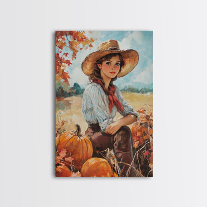 Country fall harvest framed canvas print pumpkins and a serene autumn landscape perfect seasonal wall art for rustic farmhouse home decor