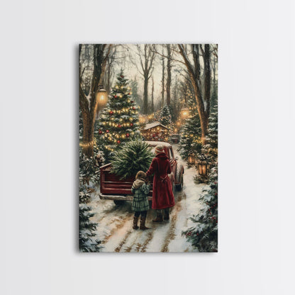 Rustic Christmas Tree Farm with Red Truck in Snowy Forest, Ideal Farmhouse Christmas Decor for Holiday Wall Art, Framed Canvas Print