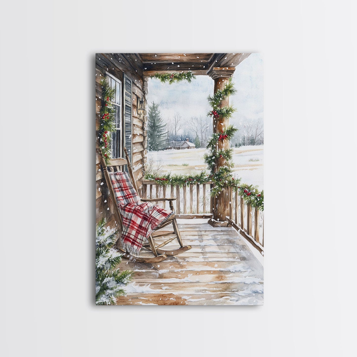 Farmhouse porch decorated with garland and cozy rocking chair, Framed Canvas Print winter decor idea for rustic home Christmas wall art