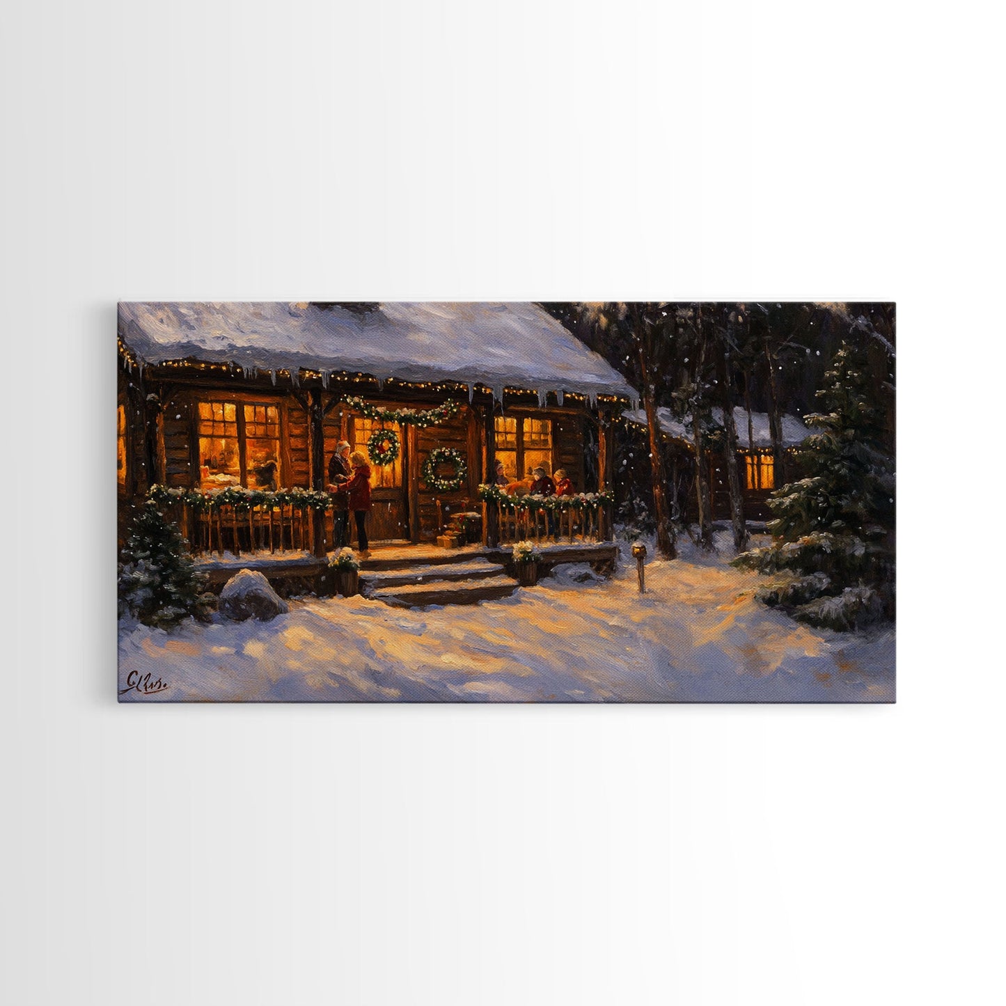 Festive Log Cabin Winter Scene Framed Canvas Print Christmas Wall Art, Rustic Holiday Art, Cozy Christmas Scene, Seasonal Wall Decor Gift