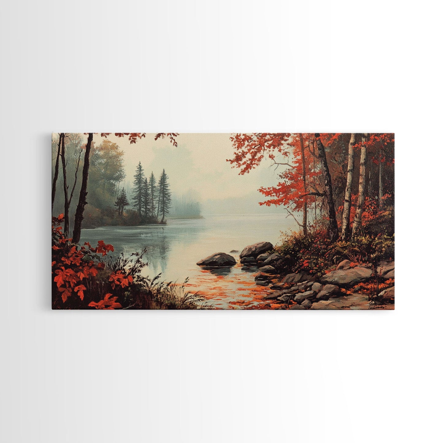 Fall On The River, Rustic Landscape Painting, Primitive Wall Art, Framed Canvas Print, retro festive holiday wall art Christmas decor