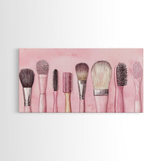 Makeup Brush Art Framed Canvas Print, Light Pink Chinoiserie Wall Art Whimsical Decor, Minimalist Art Rustic Wall Gift Idea