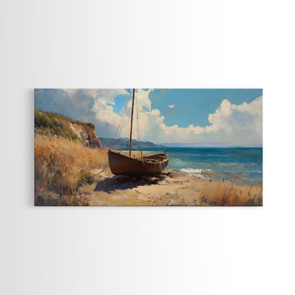 Rustic Sailboat Framed Canvas Print Nautical Wall Art Coastal Landscape Art Barn Landscape Oil Painting Rustic Decor Above Sofa Art