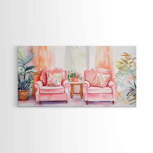 Cozy Chairs Canvas Print | Cottagecore Wall Art | Rustic Farmhouse Decor | Living Room Cozy Decor | Warm Pink Sofa Canvas Print