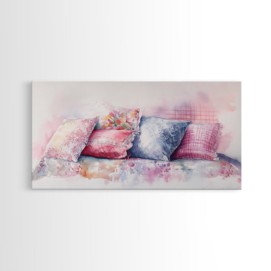 Colorful Pillow Canvas Print, Cozy Cottagecore Art, Bedroom Wall Art, Pink Abstract Artwork, Decorative Living Room Rustic Wall Art