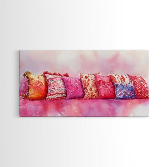 Colorful Pillows Moroccan Art Canvas Print, Pink Boho Chinoiserie-Inspired Decor, Whimsical Living Room Wall Art Unique Gift