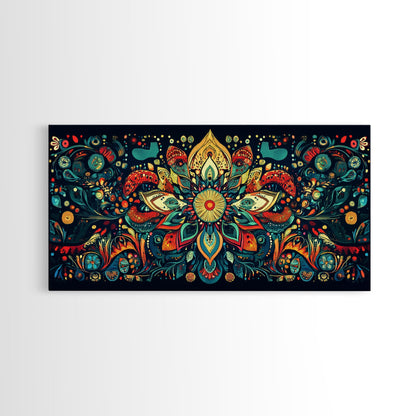 Elaborate Mandala Framed Canvas Print, Vibrant Boho Art, Spiritual Zen Wall Art, Geometric Ethereal Painting, Colorful Sacred Geometry