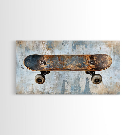 Vintage Skateboard Art Framed Canvas Print Industrial Decor Rustic Wall Art Tall Narrow Art Great Living Room Centerpiece Unique Artwork