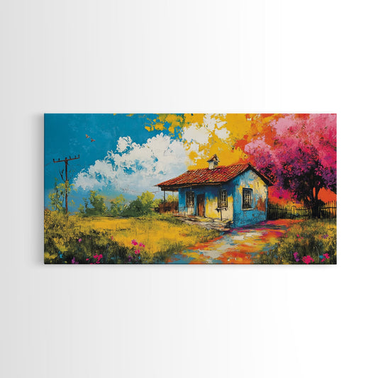 Colorful Farmhouse Scene Framed Canvas Print, Rustic Wall Art Cottagecore Decor, Vibrant Wildflower Landscape Artwork Horizontal Design
