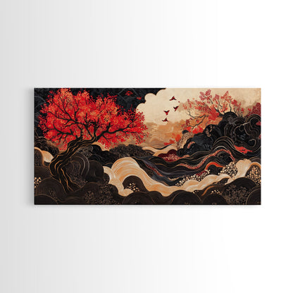 Japanese Inspired Framed Canvas Print Featuring Chinoiserie Wall Art and Autumn Tree Painting Unique Horizontal Living Room Art
