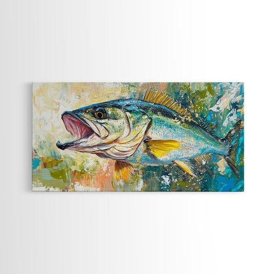 Fish Painting, Coastal Wall Art, Nautical Decor, Wildlife Painting, Fly Fishing Art, Extra Wide Art, Framed Canvas Print, Above Couch Art