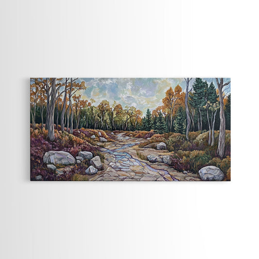 Autumn Landscape, Forest at Dusk Painting, Fall Wall Art, Birch Tree Painting, Rustic Art, Cottagecore Wall Art, Framed Canvas Print
