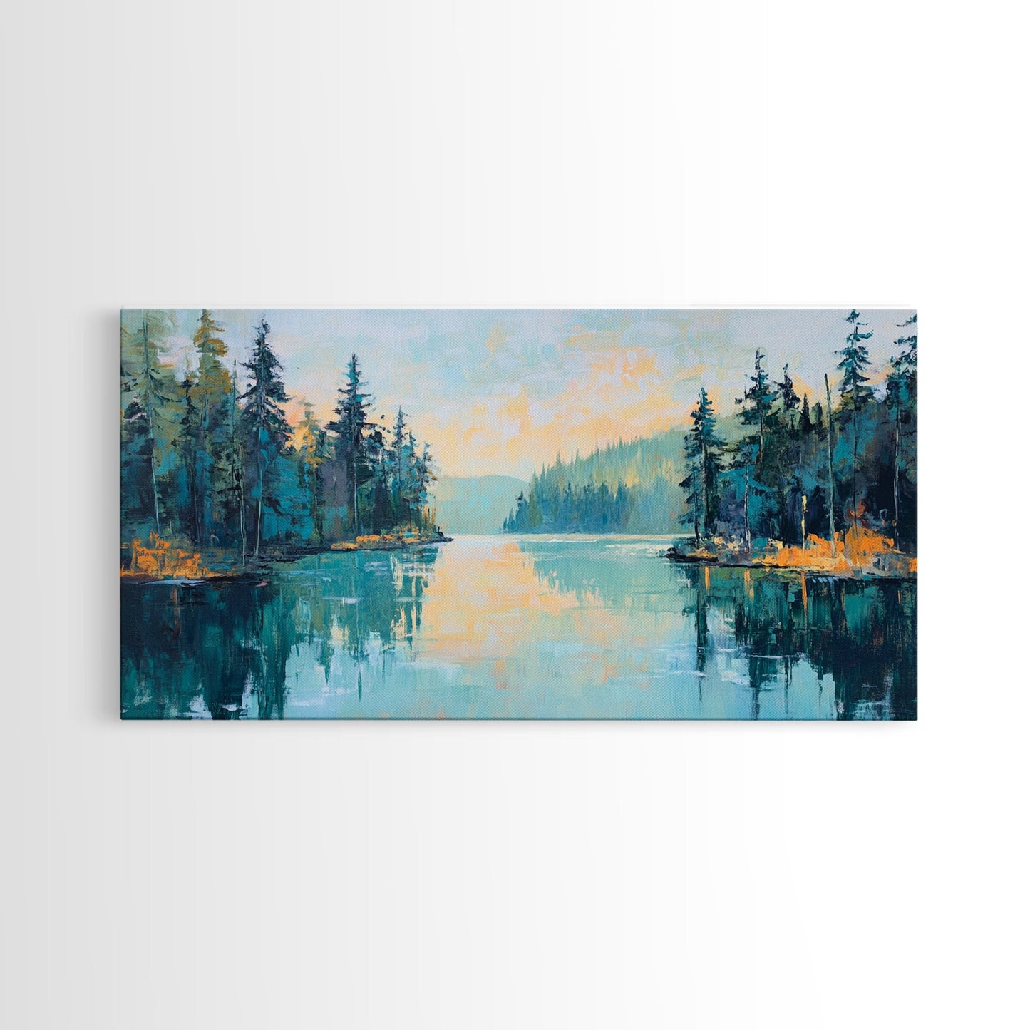 Tranquil Lake, pine tree art, landscape painting, smoky mountain art, panoramic painting, nature painting, Framed Canvas Print