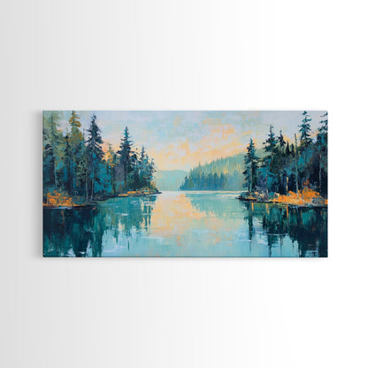Tranquil Lake, pine tree art, landscape painting, smoky mountain art, panoramic painting, nature painting, Framed Canvas Print