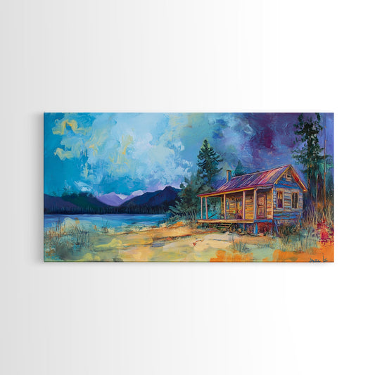 Cabin Retreat, rustic art, cozy cottagecore wall art, farmhouse art, mountain painting, extra wide art, Canvas Print, living room art