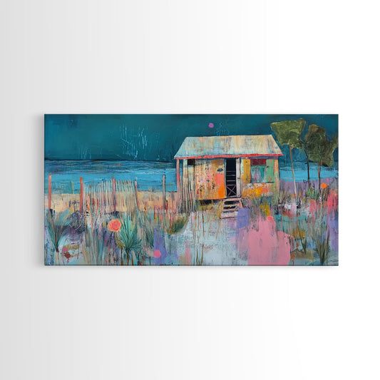 Rustic Beach Shack, Coastal Wall Art, Cottagecore Wall Art, Boho Art, Rustic Decor, Extra Wide Art, Framed Canvas Print, Ocean Painting