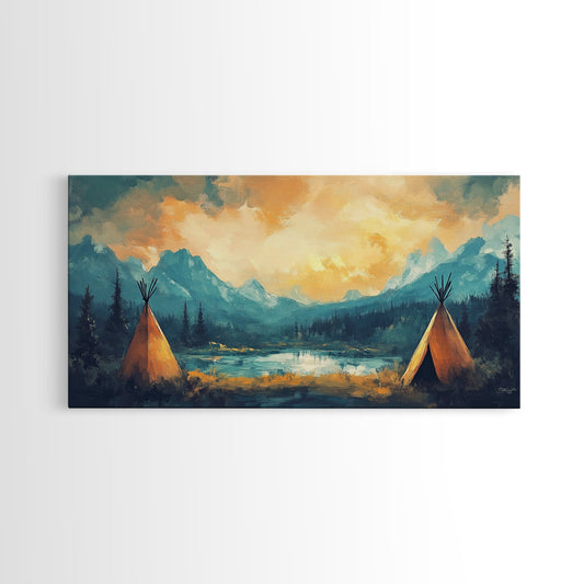 Teepee Camp, southwest wall art, landscape painting, mountain painting, rustic decor, moody art, Framed Canvas Print, panoramic painting