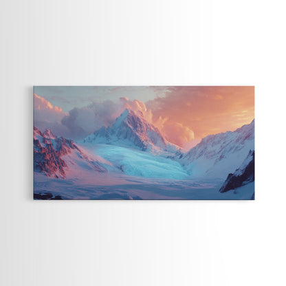 Snowy Mountain Scene, Landscape Painting, Moody Art, Extra Wide Art, Framed Canvas Print, Winter Decor, Bedroom Art