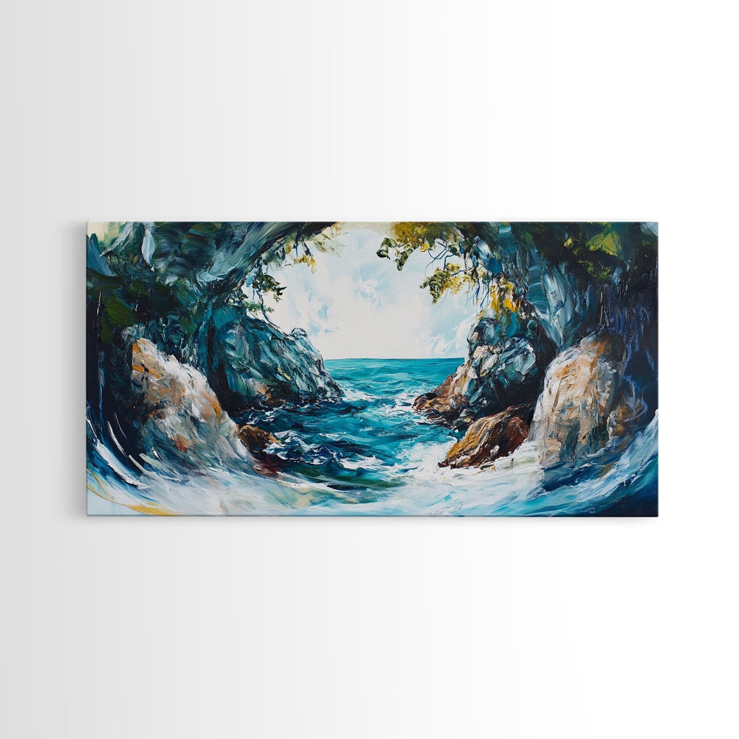 Ocean Cave, coastal landscape art, seascape painting, blue and green wall art, framed canvas print, extra wide art, beach painting
