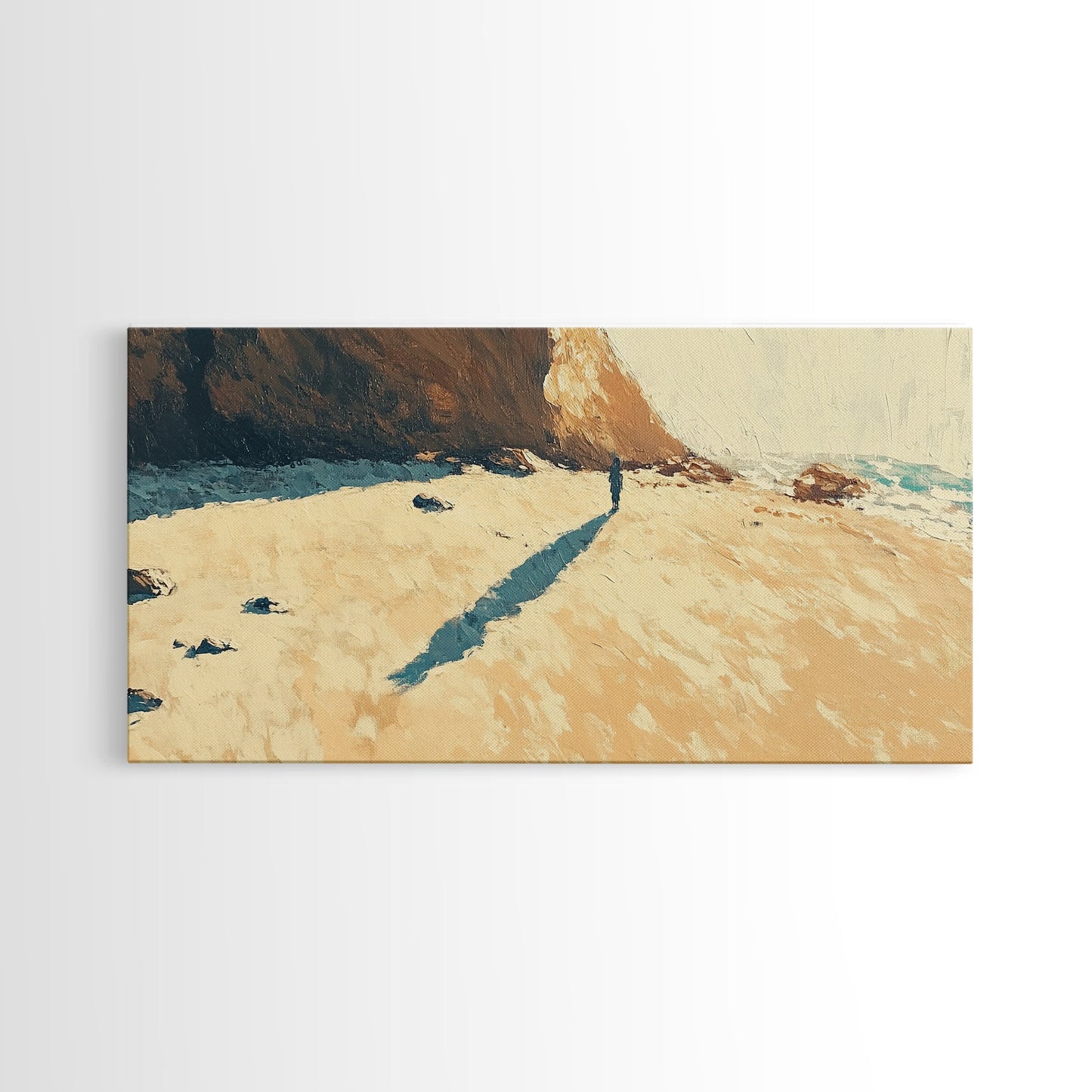 Lone Beach Wanderer, Framed Canvas Print, landscape painting, moody art, wabi sabi wall art, extra wide art, above bed wall art