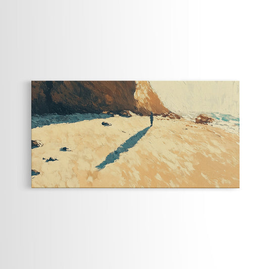 Lone Beach Wanderer, Framed Canvas Print, landscape painting, moody art, wabi sabi wall art, extra wide art, above bed wall art