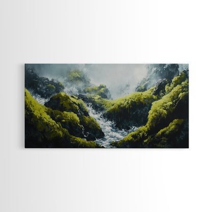 Waterfall Moss, green wall art, framed canvas print, mountain painting, zen wall art, rustic decor, original painting, above couch art