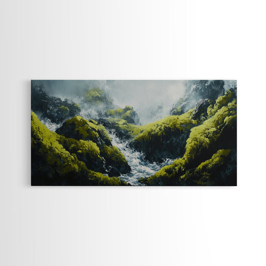 Waterfall Moss, green wall art, framed canvas print, mountain painting, zen wall art, rustic decor, original painting, above couch art