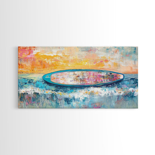 Coastal wall art, surf wall art, framed canvas print, extra wide art, nautical decor, vibrant painting, panoramic art, tropical art