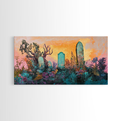 Dark romance painting, gothic art, framed canvas print, extra wide art, Halloween decor, whimsical art, spooky graveyard painting