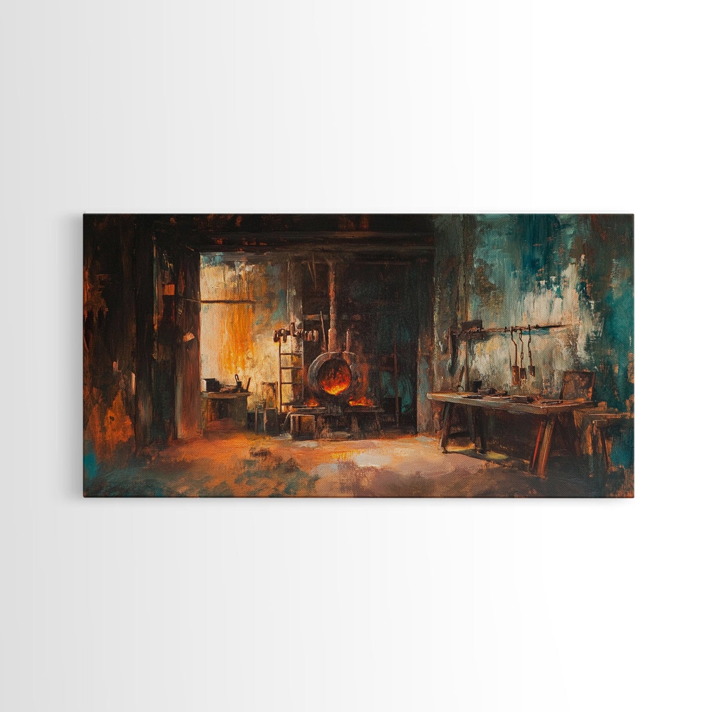 Rustic forge, blacksmith, industrial art, dark romance painting, vintage art, moody art, framed canvas print, horizontal wall art, gift idea