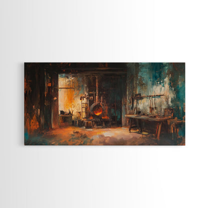 Rustic forge, blacksmith, industrial art, dark romance painting, vintage art, moody art, framed canvas print, horizontal wall art, gift idea