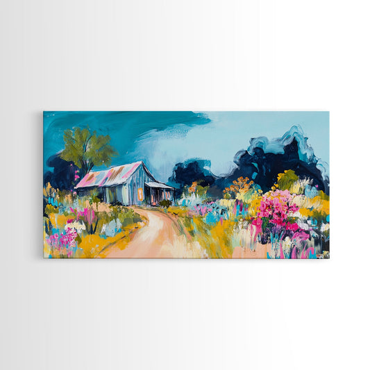Country Cottage, farmhouse painting, rustic wall art, framed canvas print, extra wide art, wildflower painting, vintage home decor