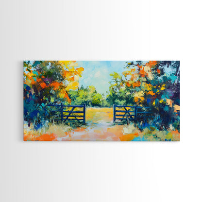 Open Gate, countryside painting, landscape art, framed canvas print, autumn wall art, farmhouse decor, rustic art, extra wide art