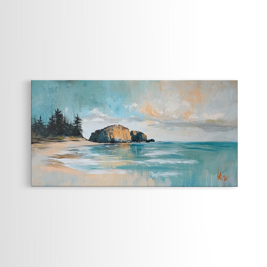 Serene Beach Landscape, framed canvas print, coastal painting, seascape painting, extra wide art, nautical wall art, bedroom art