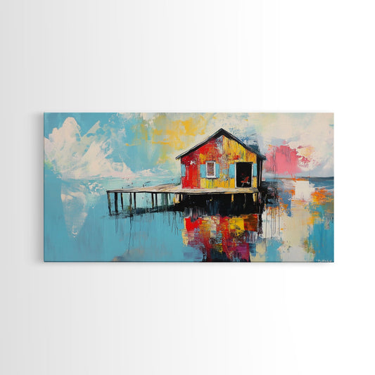 Colorful boathouse, lake reflection, coastal decor, seascape painting, nautical wall art, framed canvas print, extra wide art, gift idea