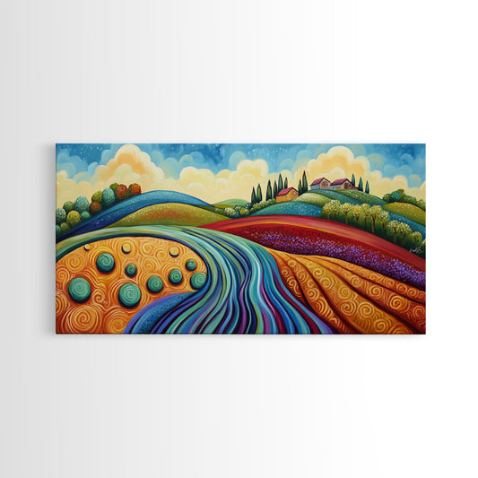 Whimsical Hills, rolling landscape, colorful fields, abstract nature, bold painting, extra wide art, Framed Canvas Print, rustic art