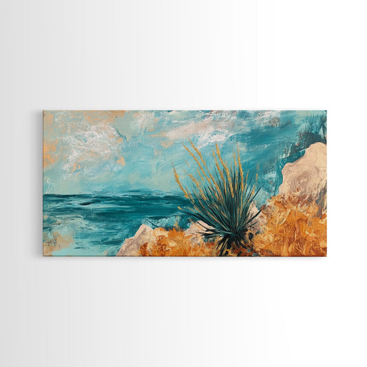 Coastal Desert Painting, agave painting, southwest wall art, Joshua tree art, coastal landscape art, Framed Canvas Print