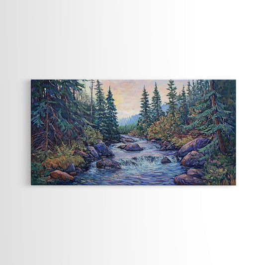 Forest River Scene, pine tree art, mountain painting, landscape painting, smoky mountain art, rustic decor, Framed Canvas Print