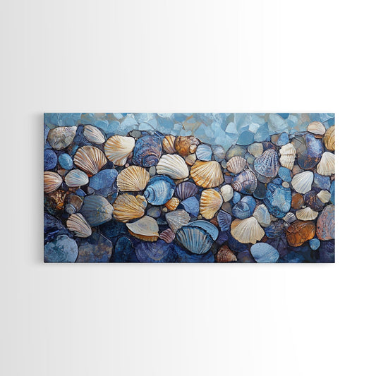 Seashell Beach Art, coastal wall art, oyster shell painting, blue and green wall art, framed canvas print, extra wide art