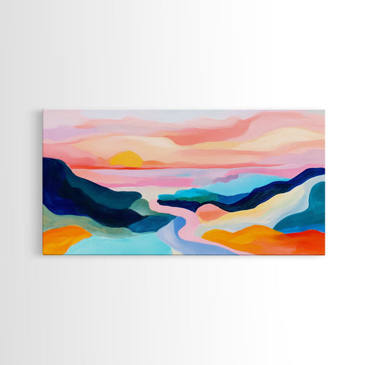 Colorful Sunset, Abstract Landscape, Pink Orange Wall Art, Horizon Painting, Coastal Decor, Panoramic Art, Framed Canvas Print