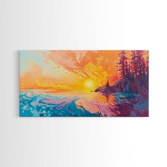 Fiery Sunset, Moody Art, Lake Tahoe Art, Colorful Landscape, Southwest Wall Art, Panoramic Painting, Framed Canvas Print, Nature Art