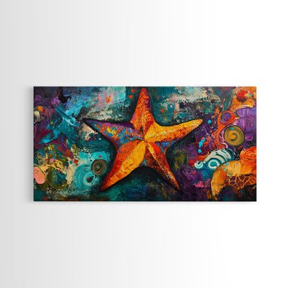 Vibrant starfish, coastal abstract, nautical decor, framed canvas print, ocean painting, coastal painting, whimsical art