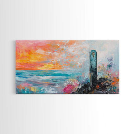 Sunset Over Ocean, pink orange wall art, coastal wall art, abstract seascape, vibrant landscape painting, Framed Canvas Print