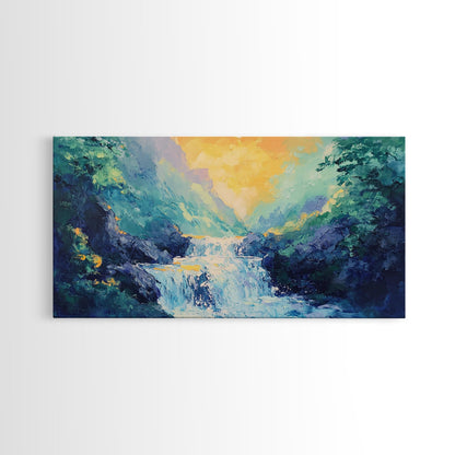 Waterfall Painting, Canvas Print, mountain painting, extra wide painting, nature landscape art, panoramic art, bedroom wall art