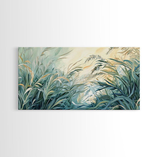 Green grass, warm light, Canvas Print, wabi sabi wall art, sage green wall art, botanical prints, extra wide art, minimalist art