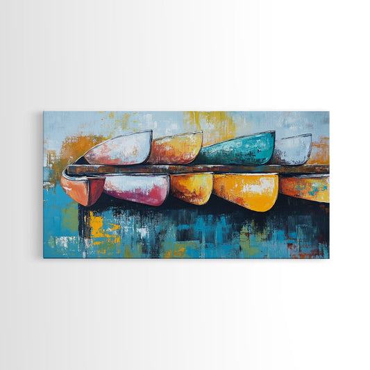 Colorful canoe, coastal decor, nautical painting, vibrant abstract, lake tahoe art, modern art, horizontal wall art, canvas print, beach vibes