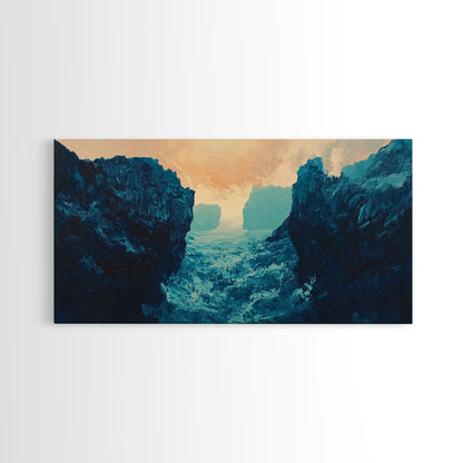 Moody Landscape, dramatic canyon, abstract oil painting, blue and green wall art, panoramic art, Framed Canvas Print, extra wide art